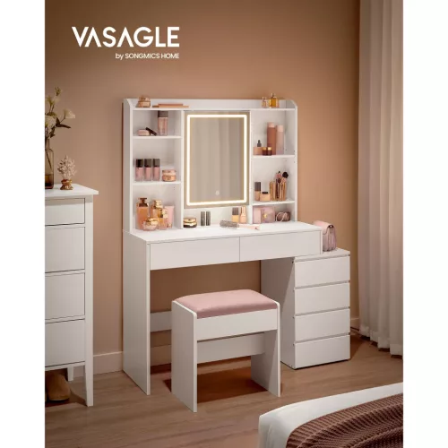 Fésülködőasztal LED-es tükörrel, modern stílus, felhőfehér