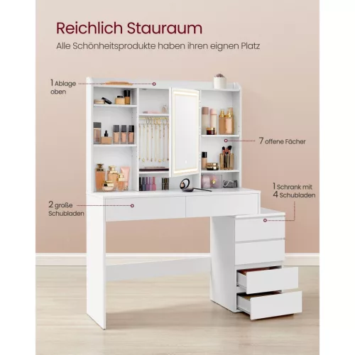 Fésülködőasztal LED-es tükörrel, modern stílus, felhőfehér