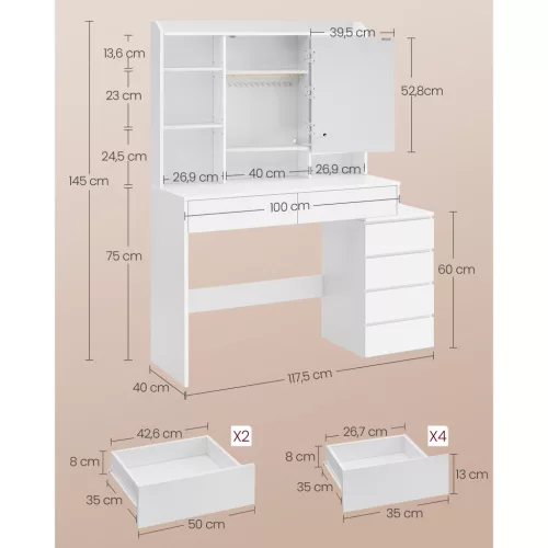 Fésülködőasztal LED-es tükörrel, modern stílus, felhőfehér