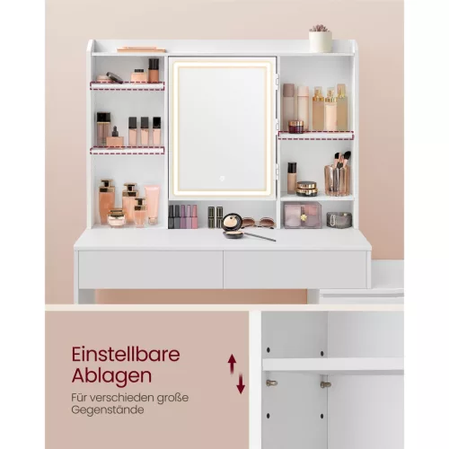 Fésülködőasztal LED-es tükörrel, modern stílus, felhőfehér
