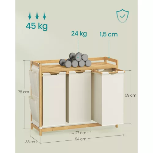 SONGMICS szennyestartó 3 rekesszel, szennyestároló kosár, akár 150 L-es kapacitással,