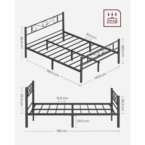 VASAGLE Kétszemélyes ágykeret Fém ágykeret, 140 x 190 cm-es matracokhoz, Felnőtteknek,