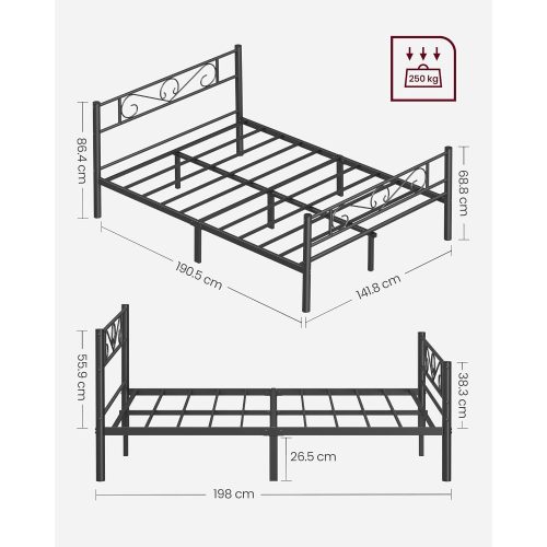 VASAGLE Kétszemélyes ágykeret Fém ágykeret, 140 x 190 cm-es matracokhoz, Felnőtteknek,