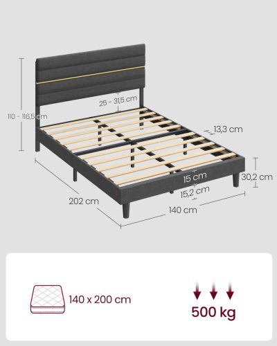Kétszemélyes ágy, 140x200 cm matrachoz, állítható fejtámlával, szürke
