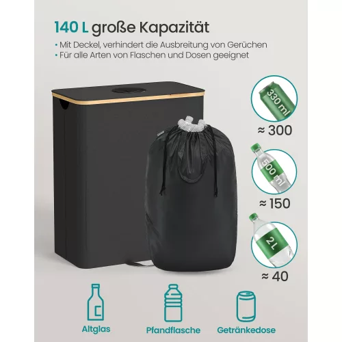 Palackgyűjtő, szelektív hulladékgyűjtő, 140 l, fedeles, bambuszszegéllyel, fekete