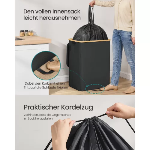 Palackgyűjtő, szelektív hulladékgyűjtő, 140 l, fedeles, bambuszszegéllyel, fekete