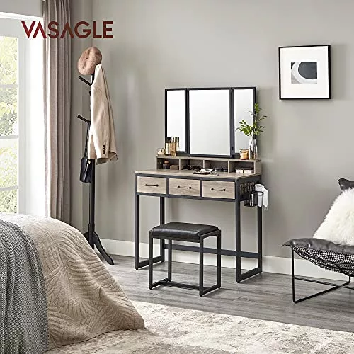 VASAGLE RVT004B02 Sminkasztal párnázott ülőkével, háromszoros tükörrel, 3 fiókkal,