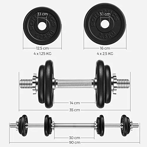 SONGMICS 2 az 1-ben súlyzó készlet, 2 x 10 kg öntöttvas állítható súlyokkal, plusz acél