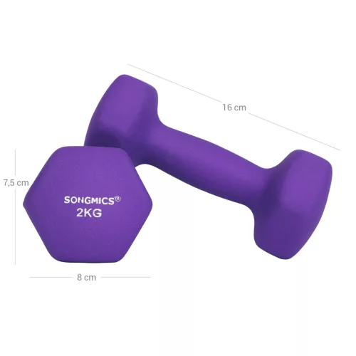 Kézi súlyzókészlet 2 x 2kg csúszásmentes neoprén borítással, lila