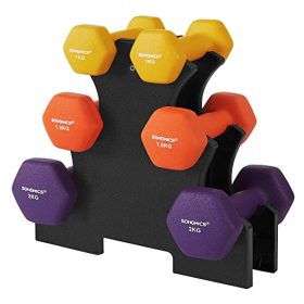 SONGMICS Hexa súlyzók készlete állvánnyal, 2 x 1 kg, 2 x 1,5 kg, 2 x 2 kg, Neoprene matt